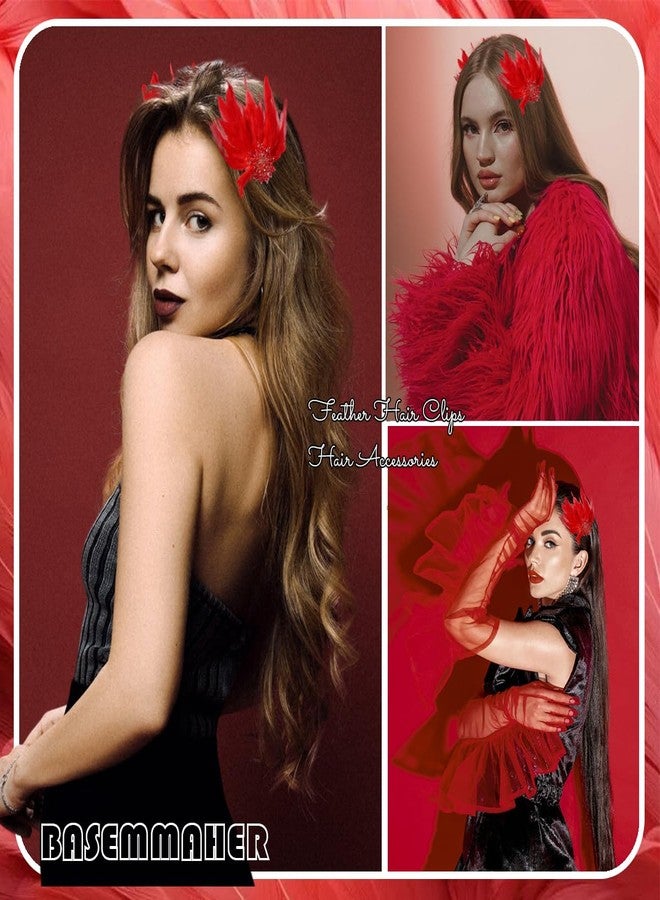 بيسماهير قطعتان من مشابك الشعر المزينة بالريش على طراز الباليه، مزينة بزهرة كريستالية وريش النعامة والبجعة، إكسسوارات شعر للنساء والفتيات والعرائس وحفلات الزفاف وعيد الحب والهالوين وعروض المسرح (أحمر) - Image 5